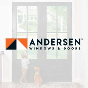 Andersen logo - Kid and dog looking out front door